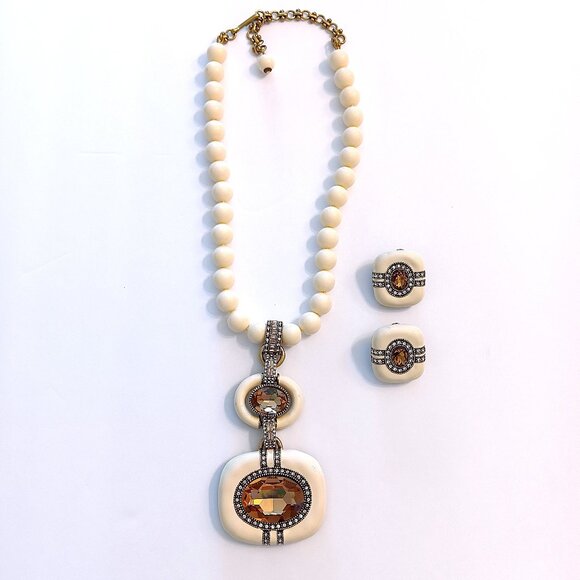 Heidi Daus Cream Glass Beaded & Enamel Amber Crystal Necklace & Earring Set - Picture 1 of 8